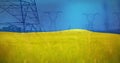 Image of flag of ukraine over field and electricity poles Royalty Free Stock Photo