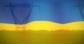 Image of flag of ukraine over field and electricity poles Royalty Free Stock Photo