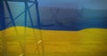 Image of flag of ukraine over field and electricity poles Royalty Free Stock Photo