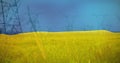 Image of flag of ukraine over field and electricity poles Royalty Free Stock Photo