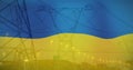 Image of flag of ukraine over field and electricity poles Royalty Free Stock Photo