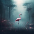 Image of flamenco bird standing in the swamp in the middle of the forest. Birds. Animals. illustration. Generative AI