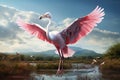 Image of a flamingo spread your wings in the wetland forest, Bird, Wildlife Animals., Generative AI, Illustration
