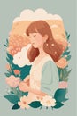 A flat illustration of nordic woman with dream cozy and calm with weathers in the background