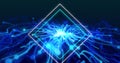 Image of flickering neon diamonds over glowing blue light trails in background Royalty Free Stock Photo