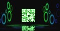 Image of flickering neon green qr code scanner and circular shapes against black background Royalty Free Stock Photo