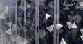 Image of floating 3d grey pyramids, green icons and networks over computer server room