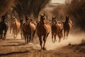 Image of a flock of horses in a dry forest. Wild Animals. Illustration, Generative AI