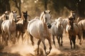 Image of a flock of horses in a dry forest. Wild Animals. Illustration, Generative AI