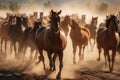 Image of a flock of horses in a dry forest. Wild Animals. Illustration, Generative AI