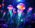 group of neon jellyfish in the underwater world.