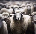 Image of flock of white sheep, one in focus, nice depth of field