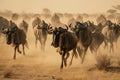 Image of flock wildebeest in a dry meadow on natural background. Wild Animals. illustration. Generative AI Royalty Free Stock Photo