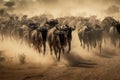 Image of flock wildebeest in a dry meadow on natural background. Wild Animals. illustration. Generative AI Royalty Free Stock Photo