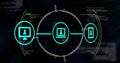 Image of flowchart of icons and circles over computer language against black background