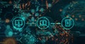 Image of flowchart icons and computer language over circuit board pattern