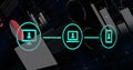 Image of flowchart of icons with infographic interface over black background