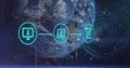 Image of flowchart of icons with loading circles over globe against space