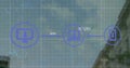 Image of flowchart of icons over modern building against connected dots in cloudy sky