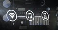 Image of flowchart of icons over multiple graphs and trading board over black background