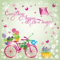 Image with flowers in pots and bicycle on sky blue background. D