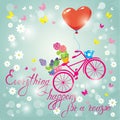 Image with flowers in pots and bicycle on sky blue background. D