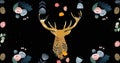 Image of flowers and stag head design on black with falling snow