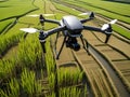 image of flying drone above the farmland field.