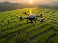 image of flying drone above the farmland field.