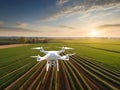 image of flying drone above the farmland field.