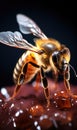 Macro detailed shot of a honey bee on a flower and water drops