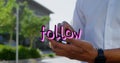 Image of follow text and data processing over biracial man using smartphone Royalty Free Stock Photo