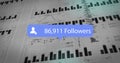 Image of followers text and digital data processing over gird