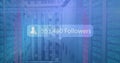 Image of followers text with growing numbers over server room Royalty Free Stock Photo