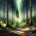 image of a forest with extremely thin tall trees, magically dense and calm serene atmosphere. Royalty Free Stock Photo