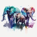 four elephants with different colors on their tusks are standing together in watercolor