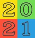 Image of 2021 on four differently colored artboards connected to one large background. Stylish image. Vector illustration