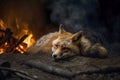 Image of fox exhausted in the midst of wildfires and smoke. Wildlife Animals. Illustration. Generative AI