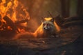 Image of fox exhausted in the midst of wildfires and smoke. Wildlife Animals. Illustration. Generative AI