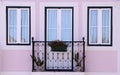 Image of a fragment of the facade of a pink house. White windows and a balcony with black trim and flowers. Royalty Free Stock Photo