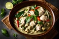 An image of a fragrant bowl of Thai green curry with chicken, bamboo shoots, and Thai basil leaves