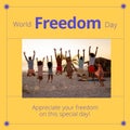 Image of freedom day over happy diverse friends jumping with joy on beach Royalty Free Stock Photo