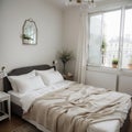 French balcony with wrought iron railings with open shutters and doors with curtain in scandinavian bedroom interior Coffee