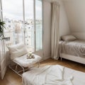 French balcony with wrought iron railings with open shutters and doors with curtain in scandinavian bedroom interior Coffee