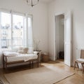 French balcony with wrought iron railings with open shutters and doors with curtain in scandinavian bedroom interior Coffee