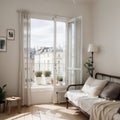 French balcony with wrought iron railings with open shutters and doors with curtain in scandinavian bedroom interior Coffee