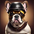 An image of a French bulldog wearing an old leather helmet for pilots.