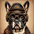 An image of a French bulldog wearing an old leather helmet for pilots.