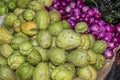 Image of fresh products in a Mexican market onions, chilies and chayotes Royalty Free Stock Photo