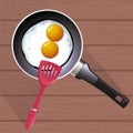 Image of fried eggs in a frying pan and cooking spatula